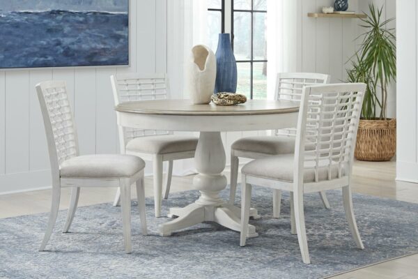 12_8510dining_Round table_4 white side chairs_RS